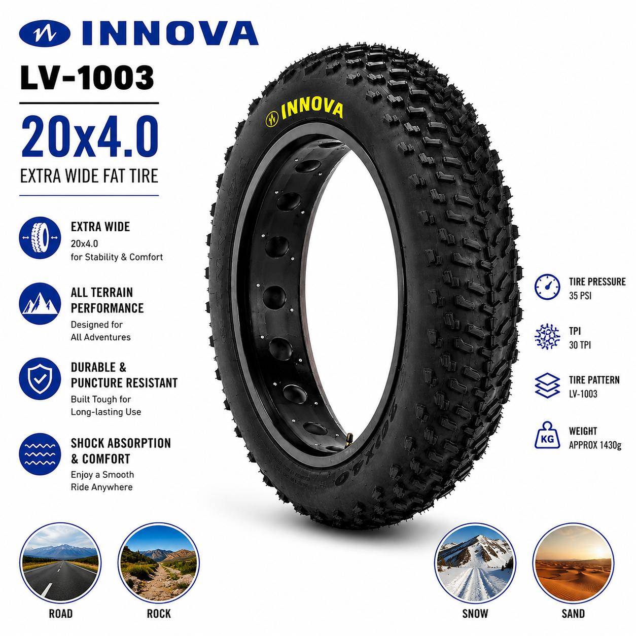 INNOVA LV-1003 20x4.0 Cykel ATV Däck Snödäck Strandcykel 20x4.0 Stad Fatbike Däck Stålwirepärla Stora Mönster/Slang black
