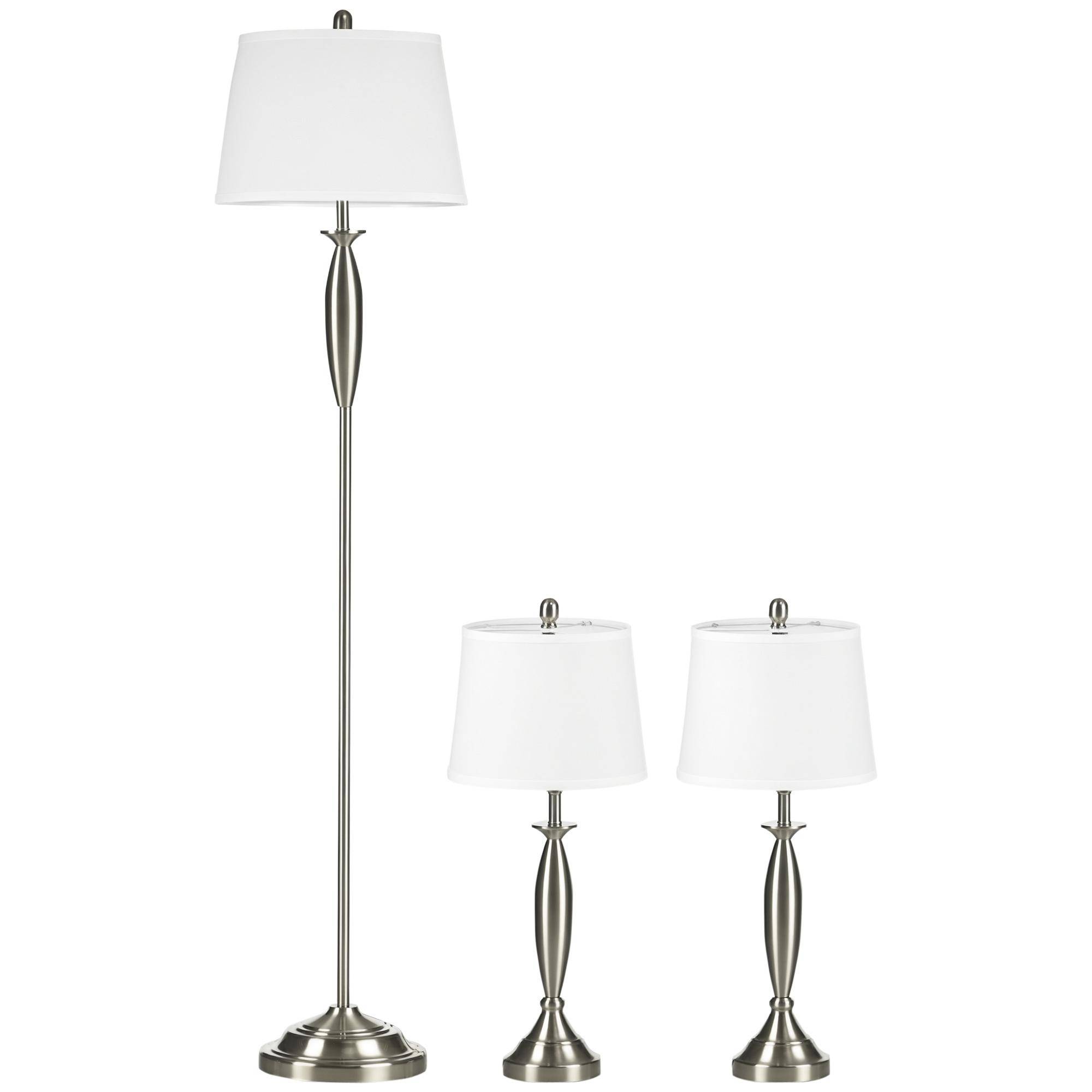 3-Piece Lamp Set, 1 Floor Lamp, 2 Table Lamps, Linen Look, 38 cm x 38 cm x 158 cm, Silver + White
