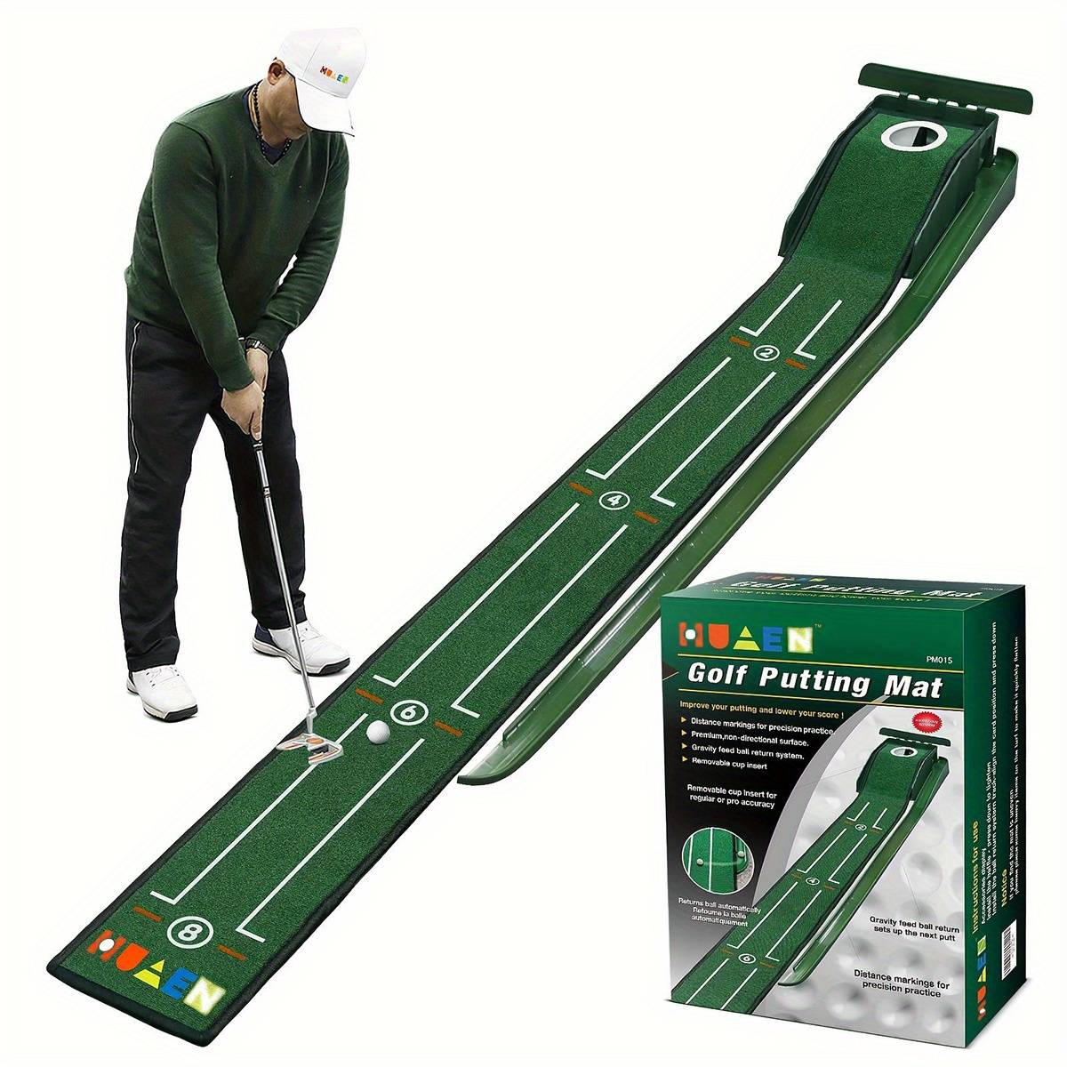 TEMU Huaen Golf Putting Training Mat For Indoor And Outdoor Use, 8ft Putting Green With Guides, Compact Edition, Golf Additions For Men