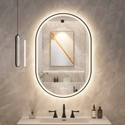 STARLEAD Svart spegel-oval-badrum-LED-ljus 90 x 60 cm, Bluetooth, anti-fog, dimbar, 3 ljusfärger, minne, härdat glas, IP44, horisontell/vertikal, icke-metallram