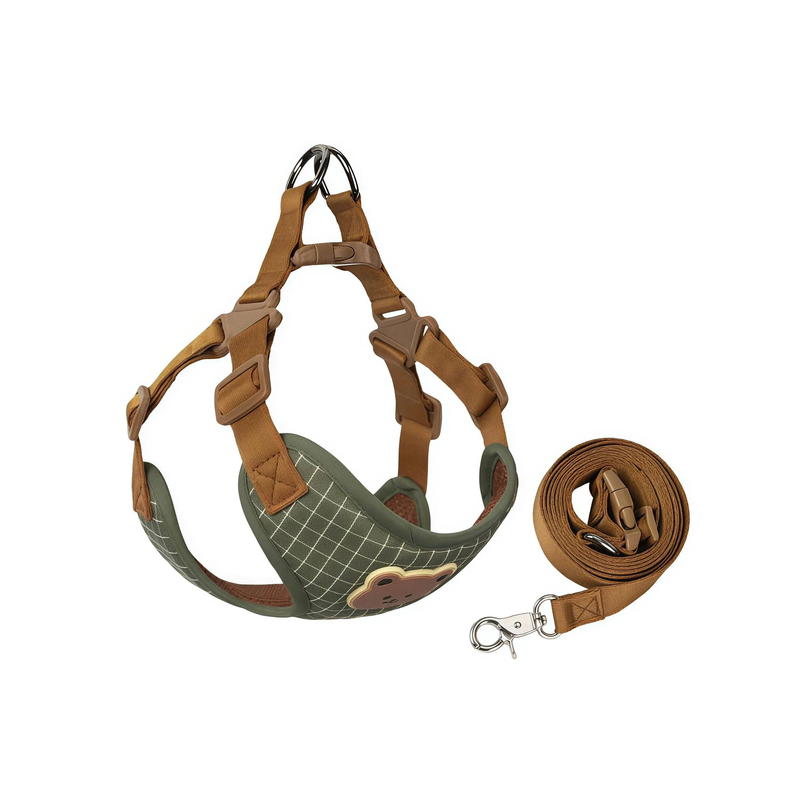 Breathable Vest Harness & Lead Set for Small Dogs & Cats - Plaid Green / S (S)