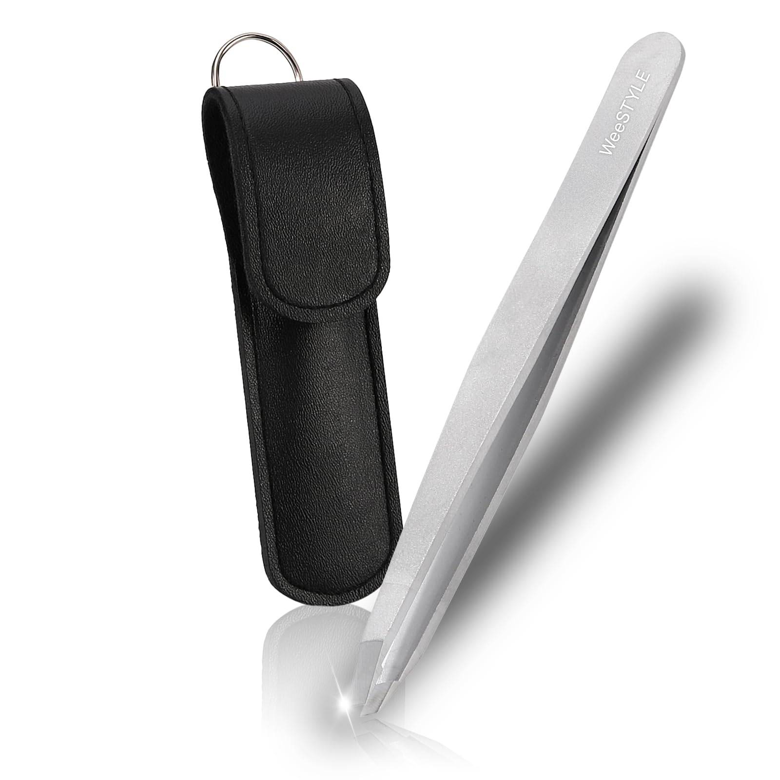 Close Contact Precision Tweezers with Tapered and Beveled for Nose and Includes Storage Case Standard [0mm Precision] Tips, Heat-Treated, Eyebrows,