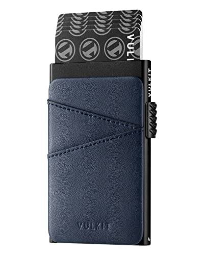 VULKIT Pop Up Korthållare Plånbok Metallkortfodral RFID-blockerande Kortskydd med Lädersedlar Fack Slim Kreditkortshållare för Män, Blå