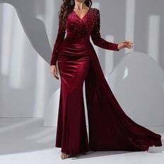 Kvinnors V-ringad Långärmad Rygg Dragkedja Hand Beaded Nail Drill Heavy Dress Dress - Bourgogne - L,M,S,XL