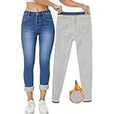 Yehopere Dam vinter fleece tryckta jeans smal passform varm skinny hög midja denim jeans, Blå As22, M