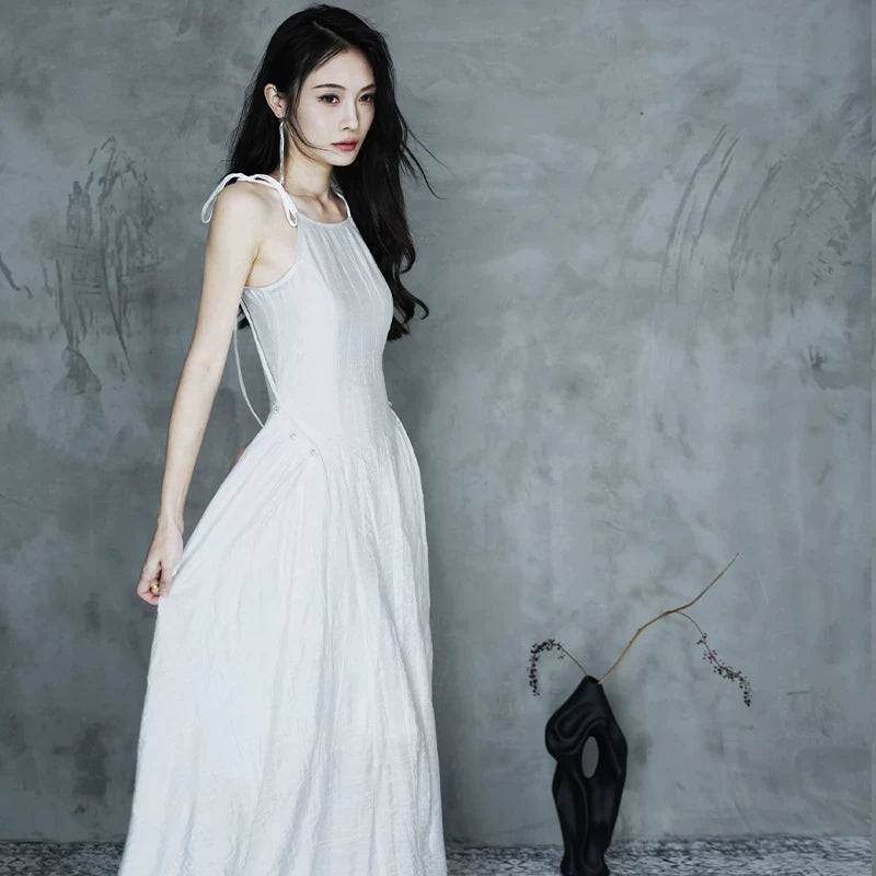 New Chinese Style 100% Ramie Suspender Dress | Empty Mountain Hsinchu Slim Retro Strap Dress - Charm White / Customized, no return or exchange.