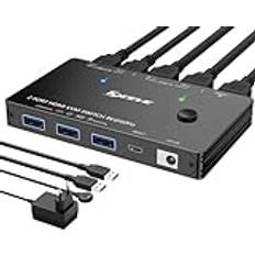 USB3.0 KVM-switch HDMI 2-portar 4K@120Hz, ESKEVE KVM-omkopplare 2 PC 1 bildskärm 8K@60Hz för 2 PC-delar 1 bildskärm och 3 USB3.0-enheter. Med strömförsörjning kabelfjärrkontroll och 2 USB3.0-kablar