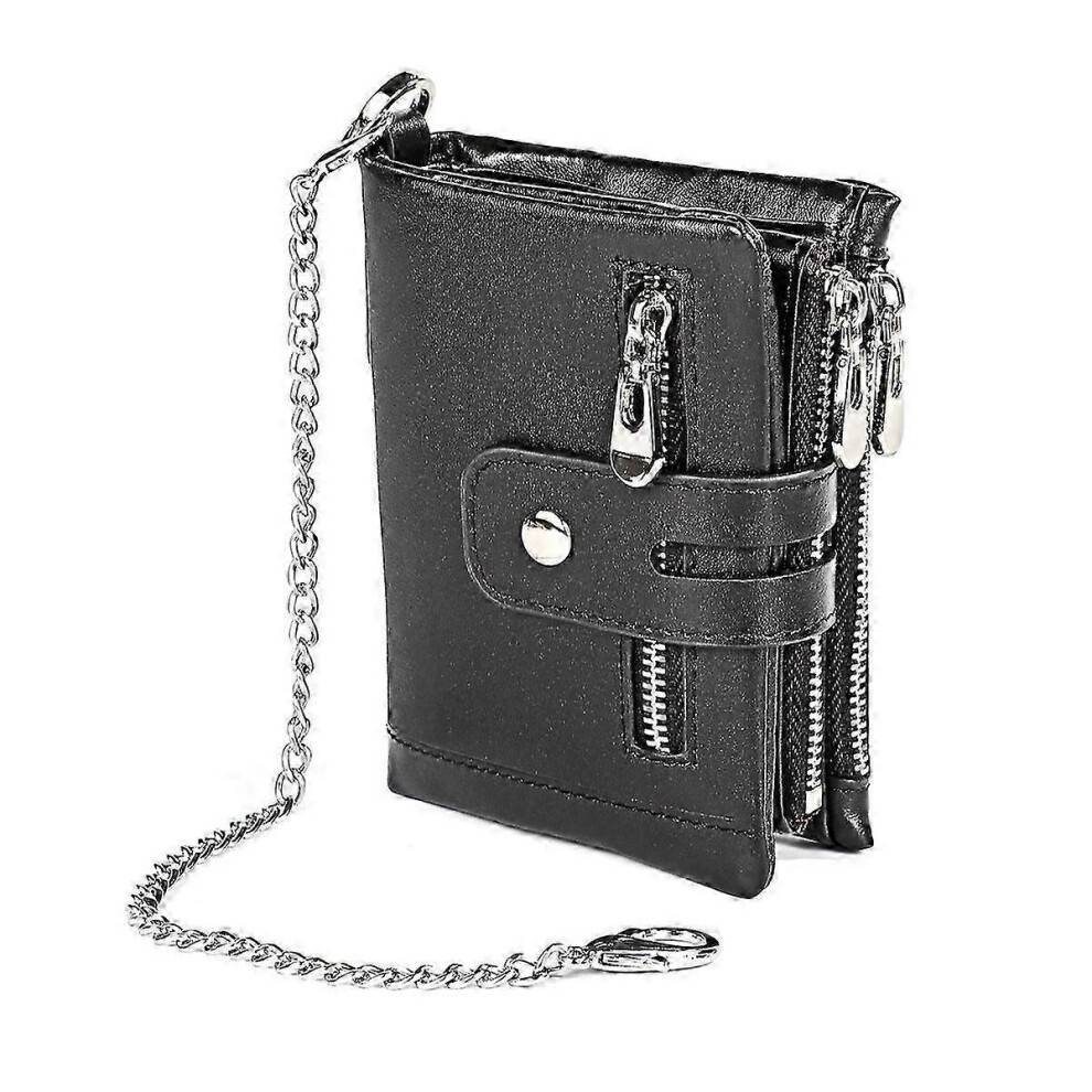 Mens Wallet with Chain Genuine Leather Purse RFID Blocking Bifold Double Zipper Coin Pocket with Anti-Theft Chain