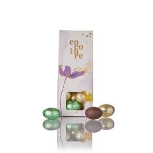 Cocoture æske i lilla med fyldte påskeæg i guld, brun & grøn folie - 55-60g