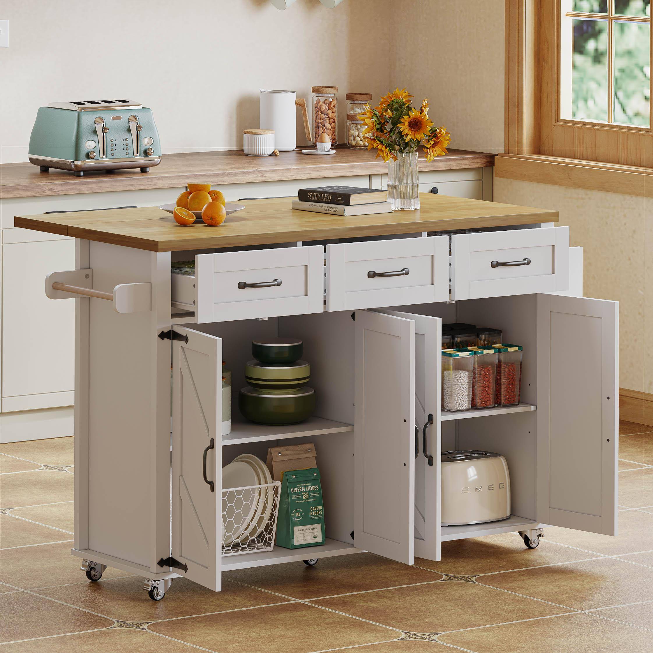 Mobile Kitchen Island with 5 Lockable Castors, Central Wheel, Practical Cart with Foldable Tabletop, 140L x 70W x 90.5H cm, White+Natural Aosom UK