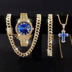 4-delars smyckesset för män - Quartzklocka, korshänge, halsband med konstgjord zirkonia, armband, perfekt födelsedagspresent till pappa - hiphop-stil (En-Storlek)