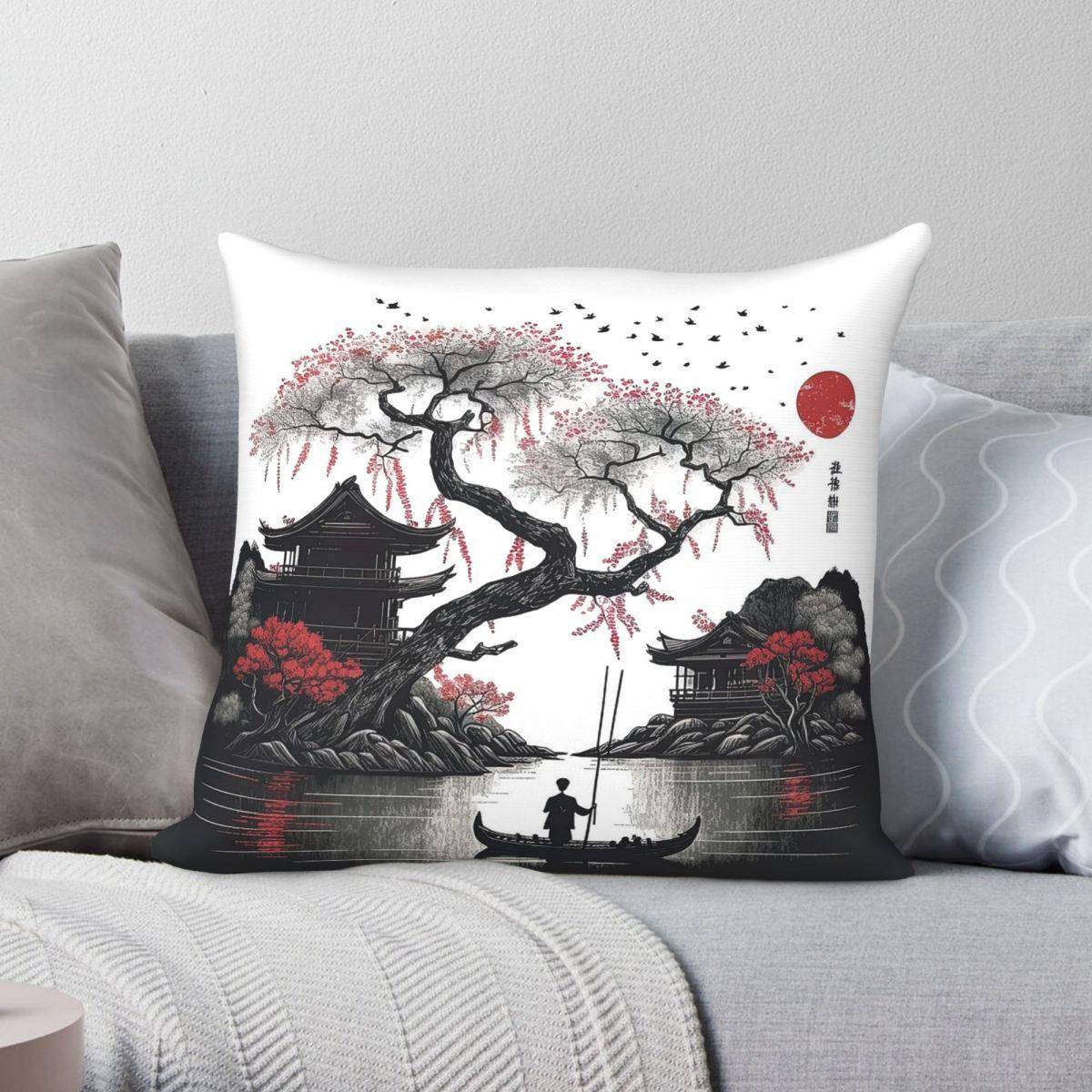 Japansk Blommande Solnedgång Kuddfodral Polyester Linne Sammet Mönster Dragkedja Dekorativ Hemkudde Fodral Grossist gray
