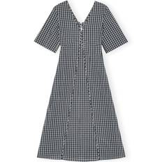 Seersucker Check V-neck Long Kjole (Egret) - 36