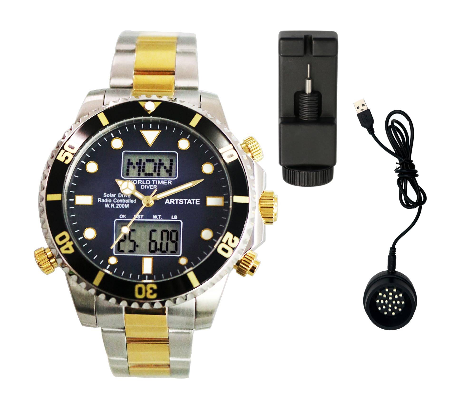 Solar Date and Day World USB Charger 20 ATM Water Resistance and [ARTSTATE AS3210] Men's Radio-Controlled Watch, Display, Time, Included, (Gold