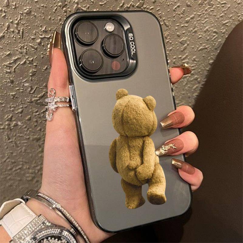 Ny Tecknad Nallebjörn Par Matt Laser Telefonfodral För iPhone 16 15 14 13 12 11 Pro Max X XS XR 7 8 Plus SE Stötsäkert Fodral beige