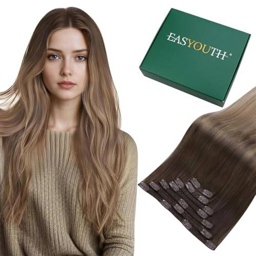 Easyouth Ombré, naturlig hårförlängning av mänsklig hår med klämma, förlängning, mörkbrunt till mellanbrunt eller mörkgrått, äkta hår med klämma, slät förlängning av människohår, 12 tum, 70 g, 7 st