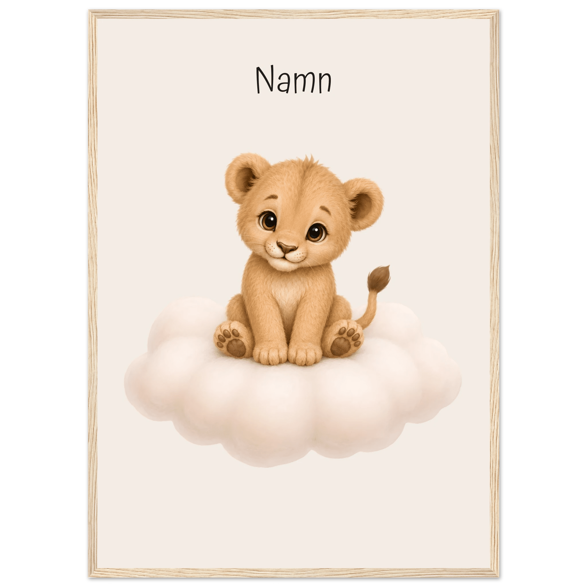 Lejon på moln med namn-50x70 cm / 20x28″ / Med ram / Ljust trä