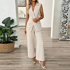 Dammode för vår/sommar Elegant ärmlös midjadekoration Väsköverdrag Blazer & byxor med raka ben Texturerad flerfärgad kostymset - Kaki (L,M,S,XL)