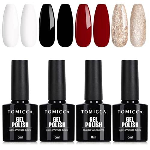 TOMICCA Gel UV-nagellack röd vit svart set, 4 färger guld silver glitter UV/LED gel nagellack giftfri och långvarig, julklappsset för nagelstudio design och DIY hemma, 8 ml