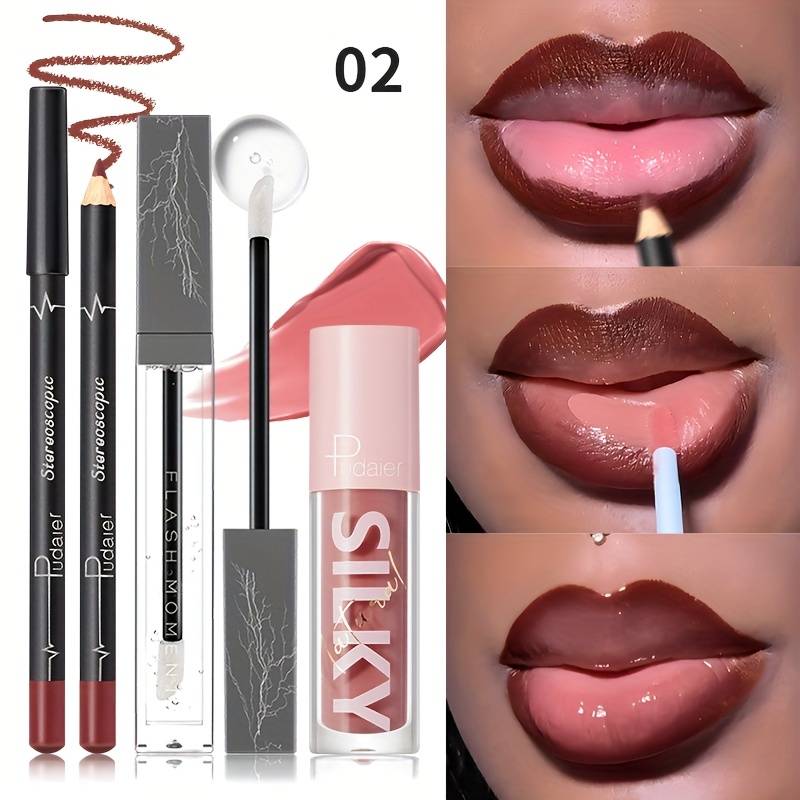 TEMU 3pcs Lip Gloss Set – Waterproof Long-lasting Lip Liner, Matte Lipstick, Moisturizing Lip Oil, Glossy Effect, Suitable For Types