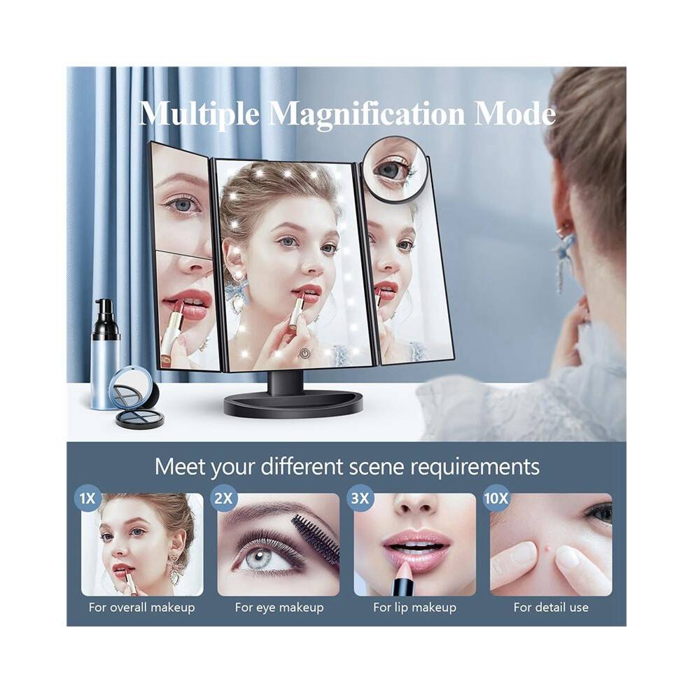 Makeup Mirror Vanity with Lights, 2X 3X 10X Magnification, Lighted Mirror, Touch Control, Portable LED
