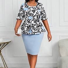 Plus Size Höst och Vinter Plus Size Elegant Layered/Ledered Asymmetrisk Baby Blue Pendling Co-ords för sommaren - Babyblå - 0XL,1XL,2XL,3XL,4XL,5XL