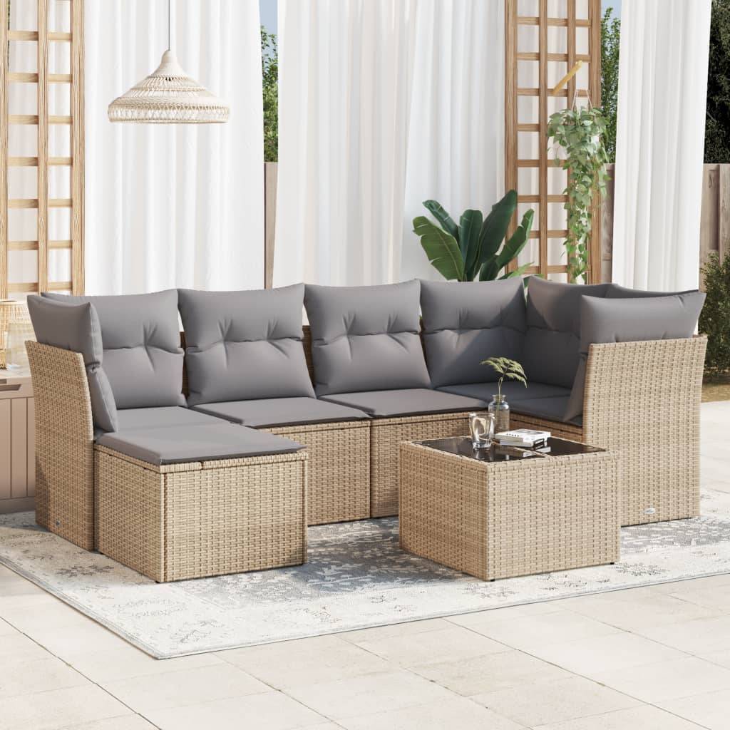 vidaXL Matgrupp för trädgården med dynor 7 delar beige konstrotting