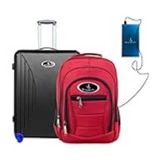 (Cabin resväska + ryggsäcksväska + Powerbank) Vivien Kondor resa smart bagage ABS hårt skal vagn med TSA-lås, Blå powerbank, Black Cabin Suitcase, Röd ryggsäck väska