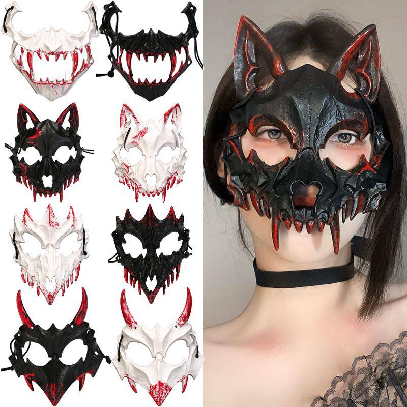 Halloween Halvansikte Blodiga Masker Anime Skalle Festmask Rekvisita Skelett Vild Tiger Nattgaffel Tengu Man Varg Cosplay Festdekor