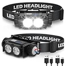 Uppladdningsbar pannlampa, 2-pack superljus LED-pannlampa, 2 000 lumen strålkastare, 3 ljuslägen, vattentät pannlampa för camping, löpning, cykling, fiske