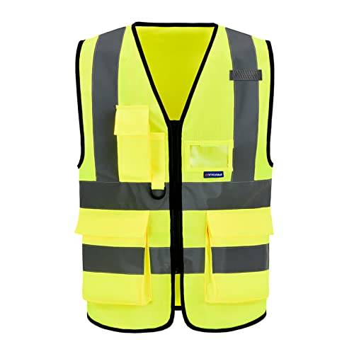 AYKRM Sicherheitsweste Gelb Warnweste mit Reflektorstreifen mit Reißverschluss und Taschen Arbeitsweste