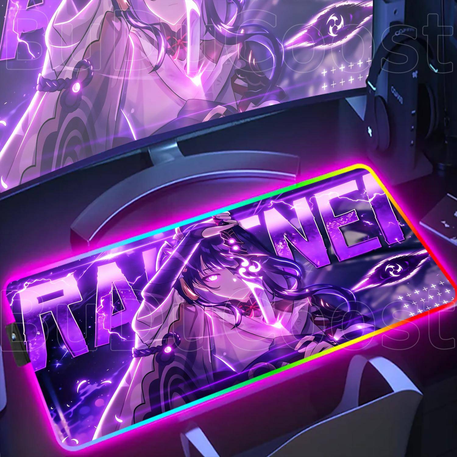 Stor LED-ljus Musmatta för Bärbar Dator RGB Spelbordmatta För Dator Tangentbordsmatta HD-tryck Genshin Impact Raiden Shogun Musmatta