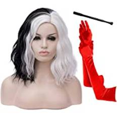 FVCENT Kort Lockigt Svartvit Peruk för Halloween och Karneval - Cruella de Vil Cosplay Med Långa Röda Handskar och Cigaretthållare 1920-Stil