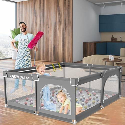 GERCHAM babylekhage 180 x 150 cm, Lekplatser för Babys med skyddsgaller,Andningsbar och Halkfri Bärbar Lekplats för Bebisar Från 0 till 6 år Som Passar Inomhus och Utomhus