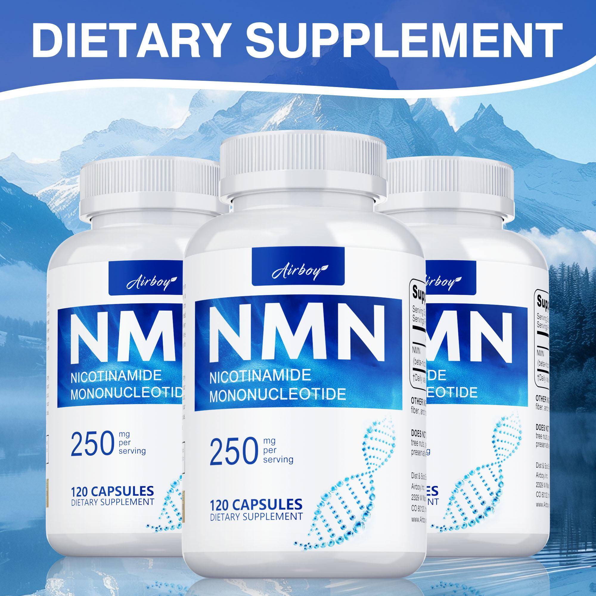NMN kosttillskott, mononukleotidextrakt, 250 mg per portion, niacinamid, unisex.