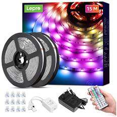 Lepro LED-remsa 15 m (2 x 7,5 m) RGB-set, 5050 SMD 450 lysdioder remsor, 12 V, LED-band självhäftande, flexibelt LED-ljusband, LED-ljuskedja IP20, LED-list kedja dimbar, strömförsörjning och styrenhet ingår