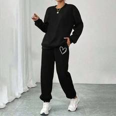 Dammode Casual Black Heart Print Sport Träningsbyxor med dragsko - Svart - L,M,S,XL