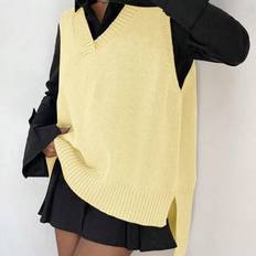 Dam Casual Enfärgad Fram Kort Bak Lång Stickad Väst - Gul (L,M,S,XL,XS,XXL)