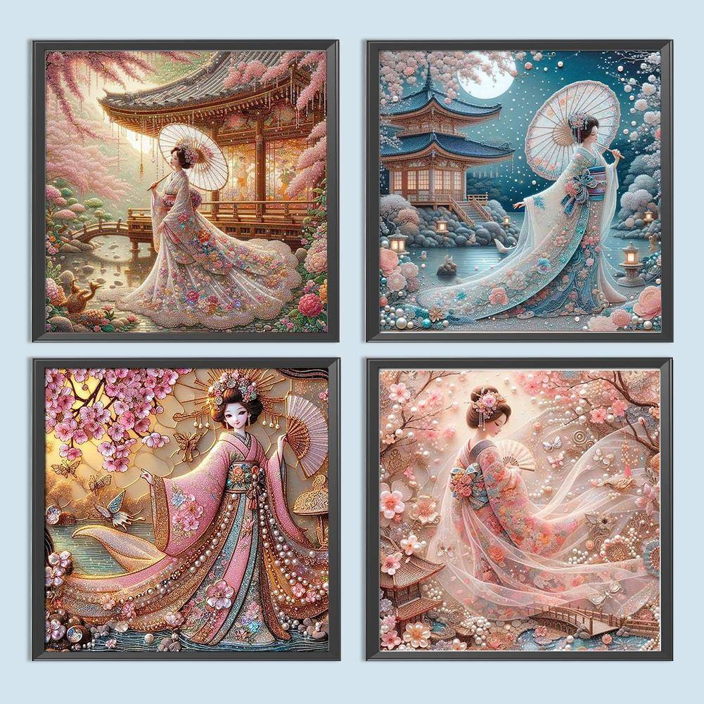 Japansk Geisha Skönhet Full DIY 5D Rund Borr Ädelstenskonst Diamantmålning Kit 40*40cm för Vuxna/Nybörjare Presentidé Heminredning brown