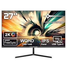 Minifire 27 Zoll Monitor WQHD(2560x1440), IPS, 1ms, AMD FreeSync, 100% sRGB, 75Hz, ltradünner Rahmen, HDMI DP, USB-C Ports, 3 Jahre Garantie -Schwarz