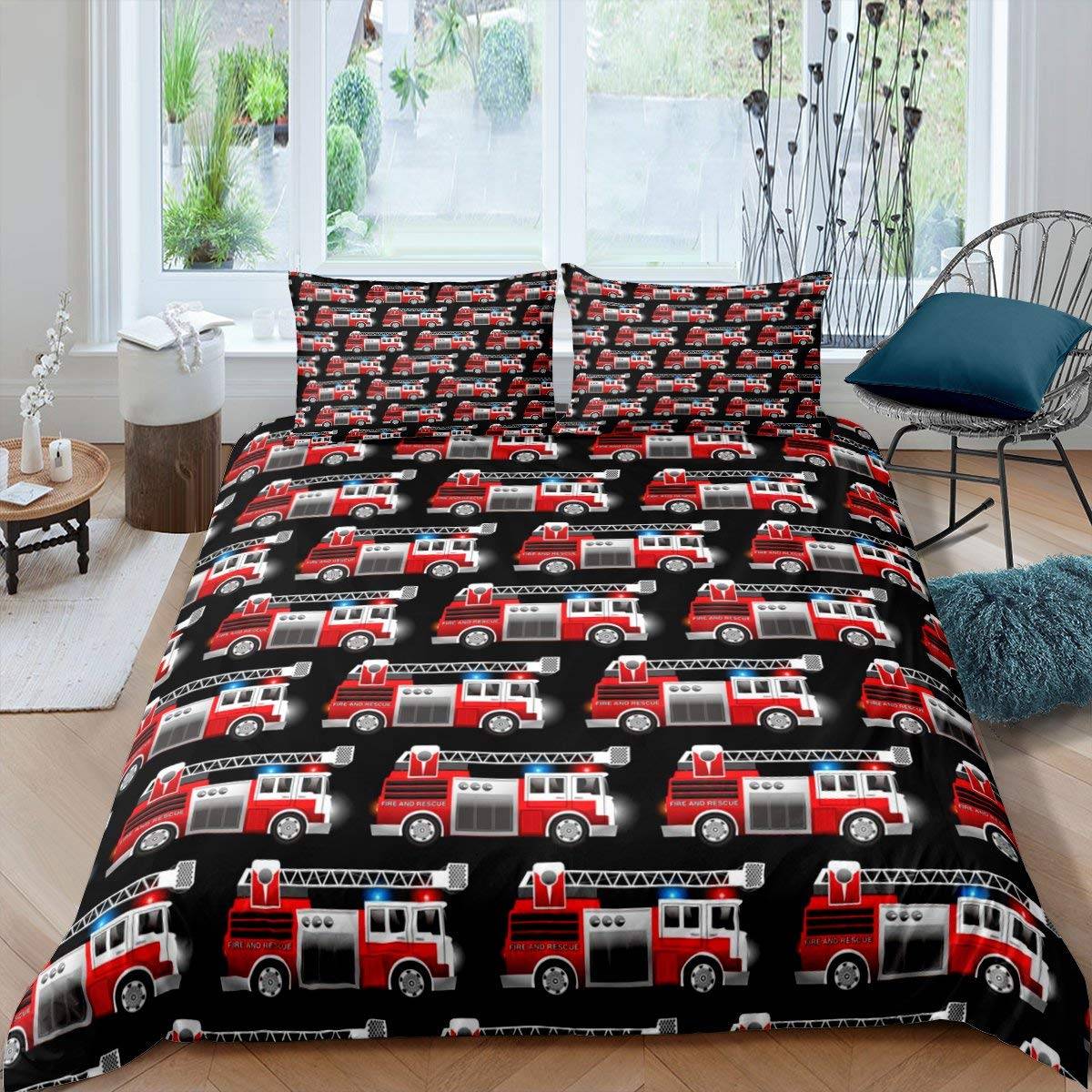 Brandbil Påslakanset Barn Brandmän Bil Fordon Sängkläder Set För Pojkar Brandbil Mönster King Size Täcke Överdrag EU SK(260x220cm)