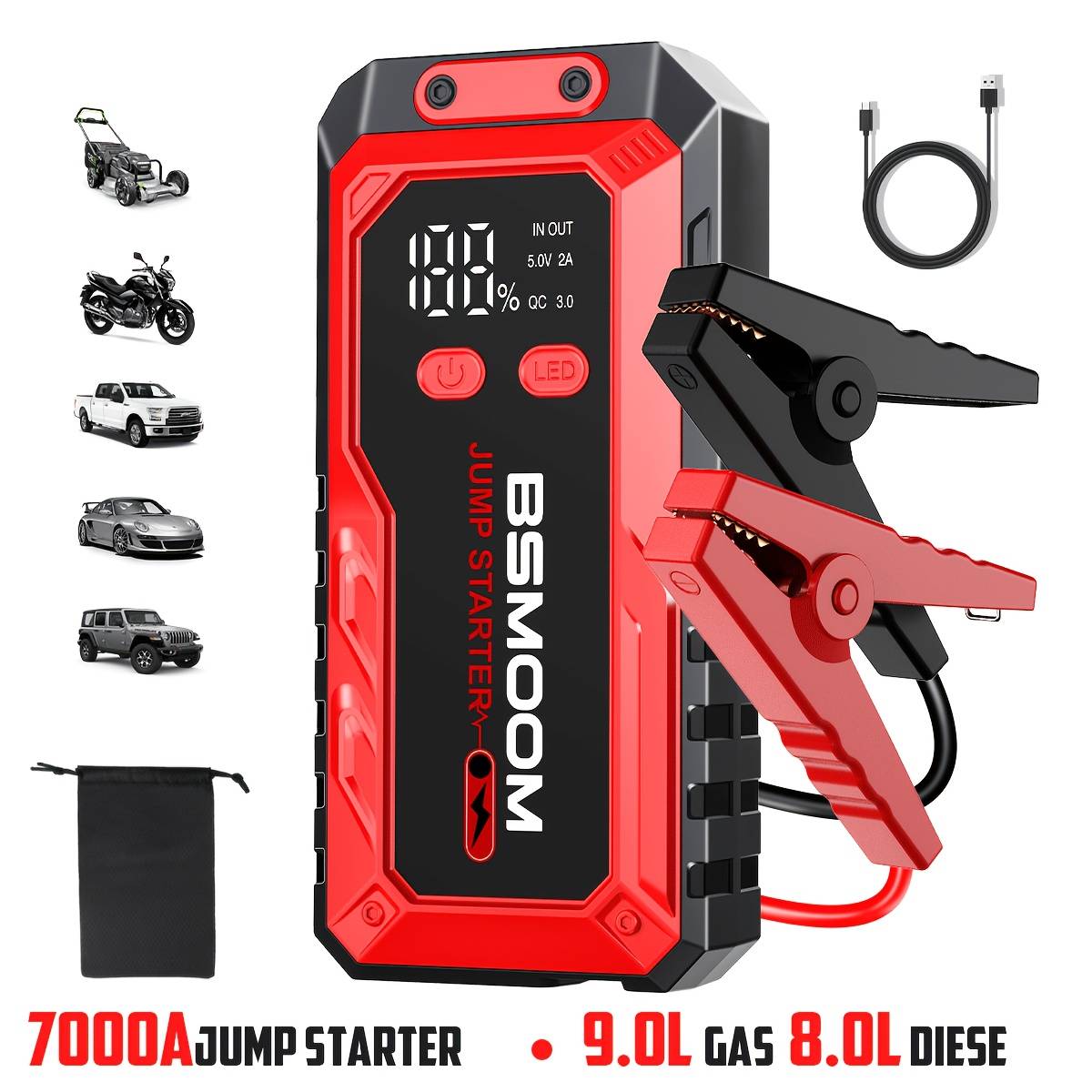 Bsmoom 7000a Car Booster, Portable Power Supply, Emergency , Jump Starter Box With Led Light And Lcd Screen (suitable For 10.0l Gasoline Engine Or Up To 8.0l Engine)