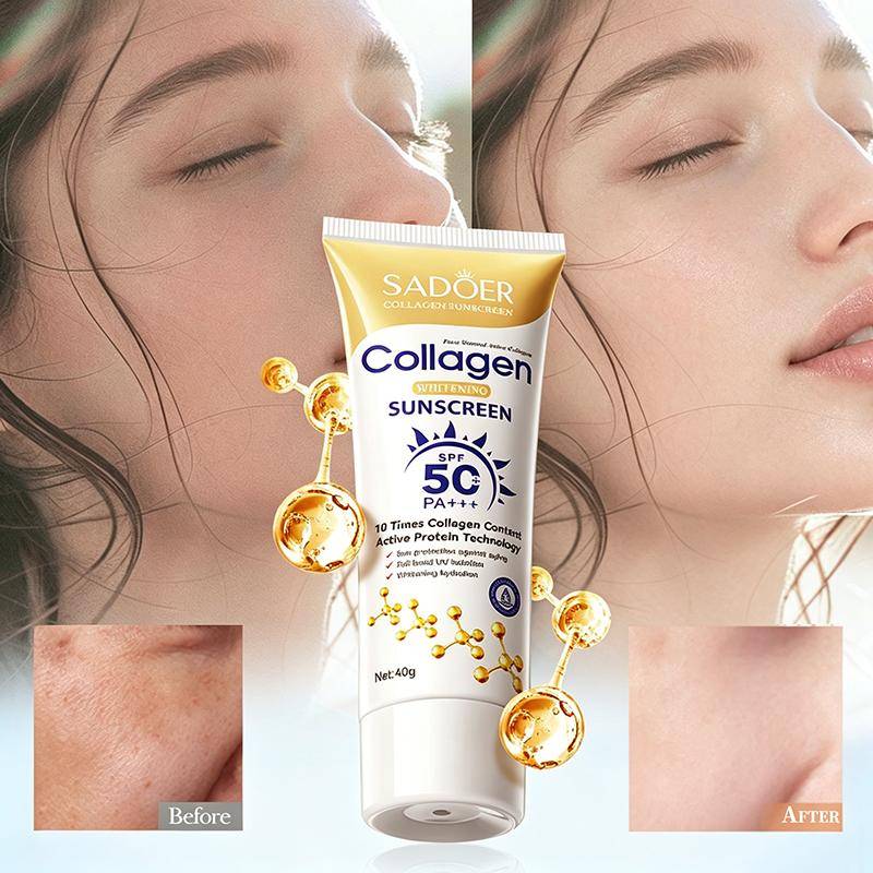 SADOER Kollagen Solskydd SPF50+ Blekande & Antioxidant Formel Fullt UVA/UVB-skydd Återfuktande Andningsbar Icke-fet Dagligt Solskydd beige