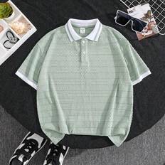 Tween Boy Casual Holiday Enstaka färg Jacquard Ribbad krage Delvis Button Down Kortärmad Lösstickad pikétröja, Lämplig för pendling, Skola, Casual, Se - Grön (8Y,9Y,10Y,11Y,12Y)