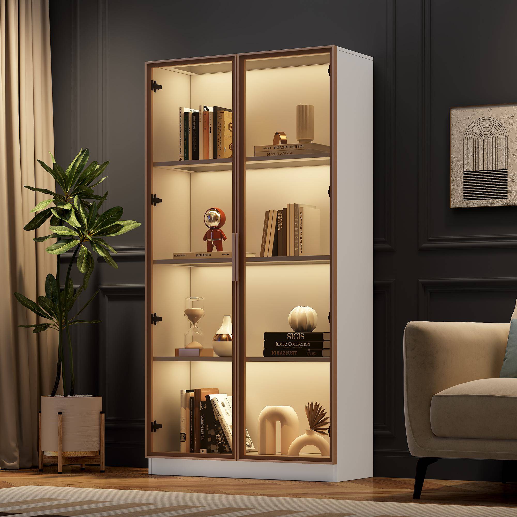 Remote-Controlled LED Display Cabinet with Glass Doors, Adjustable Shelves, Storage Cabinet with RGB Lighting, 160L x 80W x 40H cm, White Aosom UK