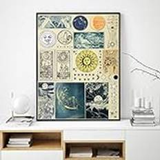 Konstverk,Posters,Sun Moon And Stars Abstrakt Vintage Poster Astrologi Illustrationer Tryck Retro Wall Art Bild Kanvasmålning Astrolog Present, Affischer Art Deco,Bilder Vardagsrumsdekoration -50X70Cm