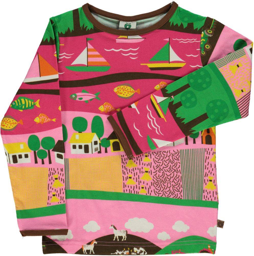 Langærmet bluse med landskab - Pink / 86 cm
