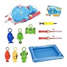 Säker fiskeleksak, flytande fiskepool spelset, handpump vattenspel, roligt sommarbad spel med pol, stång, nät och fisk för barn, pojkar, flickor, gummi + ABS