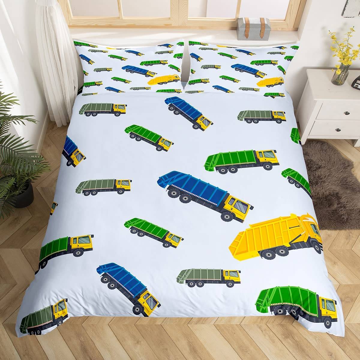 Barn Pojkar Grön Sopbil Kung Drottning Påslakan Sopbil Täcke Överdrag Fordon Bil Sängkläder Set Polyester Quiltöverdrag 173x218cm 2pcs