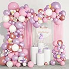 Ballonggirlang med 130 st. rosa, lila och vita ballonger, födelsedagsfestdekoration med roséguldfärgade metalliska ballonger för babyshower, babyparty, bröllop, möhippa